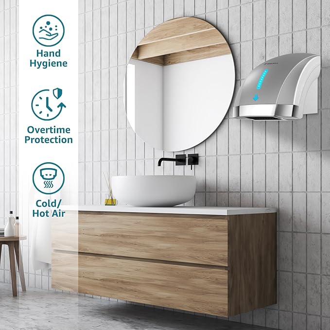 modunful Hand Dryers for Bathrooms Commercial, Electric Hand Dryer Touchless, Extra Quiet Low Noise(40db), Wall Mounted Type(1600W) (Silver)