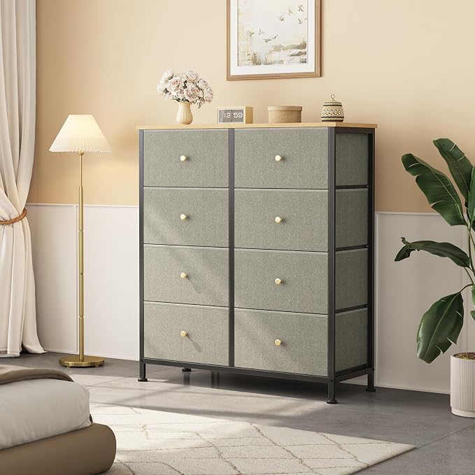 OLIXIS 8 Drawer Storage Dresser with Wood Top - Wide Fabric Chest Organizer for Bedroom, Closet, Living Room,Tower Cabinet, TV Stand, Hallway Entryway Furniture,Dark Green