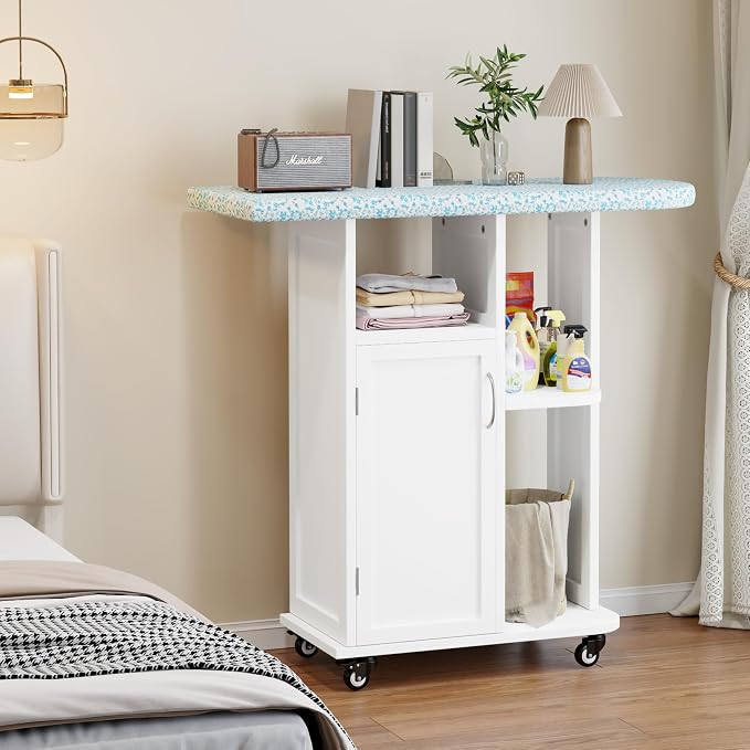 Rolling Ironing Board with Storage Cabinet, Small Ironing Table with Wheels | Ironing Board Cabinet with Fixed Heat-Resistant Pad, Ironing Table with Storage Shelves for Small Space, Laundry, Craft Room