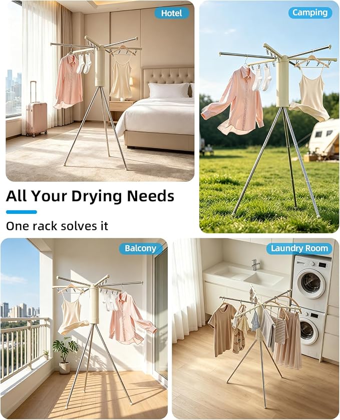 Foldable Tripod Clothes Drying Rack for Balcony, Hotel, Apartment, Bedroom | Portable Drying Rack Clothing Laundry Drying Rack for Travel, Camping with 3 Tent Pegs. Steel Frame with 12 Clips, Windproof