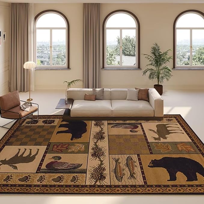 Rustic Cabin Deer Rugs 4x6ft Lodge Bear Fish Area Rug for Laundry Room Dining Room Under Table Non-Slip Wildlife Bear Moose Entryway Mat