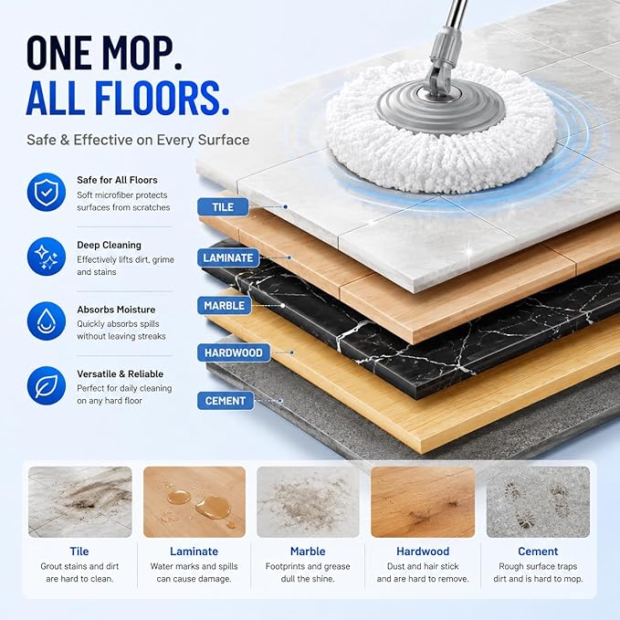 Mop and Bucket Set with Clean & Dirty Water Separation, Spin Mop with 360° Wheels & Drain, 6 Microfiber Heads,Adjustable Handle for Pet Owners, Kitchen, Bathroom, Hardwood & Tile Floors