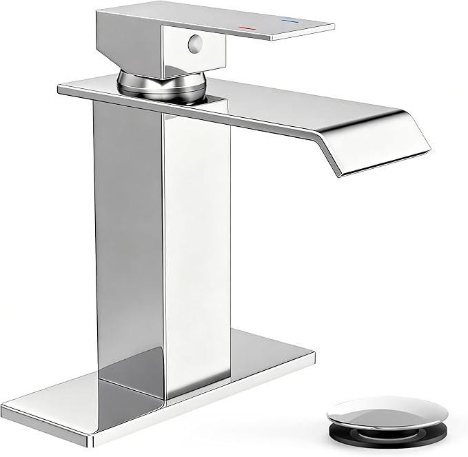 FORIOUS Bathroom Sink Faucets Chrome, Modern Waterfall Vanity Faucet 1 or 3 Hole Single Handle with Deck Plate and Drain, Suitable for Vanity Rv Camper Commerical