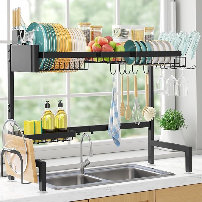 Sakugi Over The Sink Dish Drying Rack - Adjustable 2 Tier X-Large Capacity Stainless Steel Drainer with Cutlery & Utensil Holders, Kitchen Storage & Organization, 31.5"-39.5"L x 12"W x 24.5"H, Black