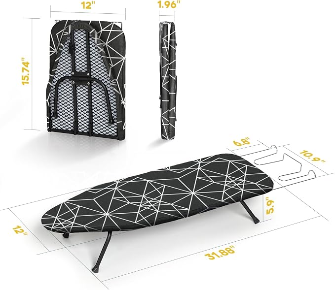 Small Ironing Board Tabletop Foldable, RAINHOL Space-Saving Iron Board, Compact and Portable for Travel and College, with Hook and Iron Holder, Steel Mesh, 32" x 12", Black and White Stripes