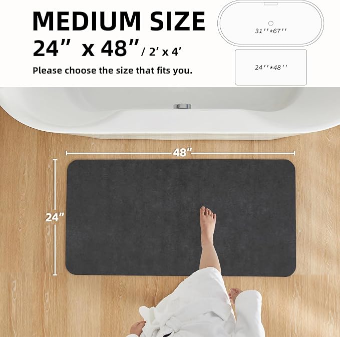 TYUU Bath Mat, Bathroom Rugs Non Slip Washable Thin Absorbent Quick Dry Bath Mat Fits Under Door Bathroom Floor Mat Perfect for Bath, Shower, or Sink 24"x48" Dark Grey