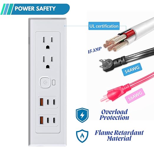 Drawer Outlet Kit PD30W Fast Charging Station Type-C(4) Power Cabinet Plug Charging Strip Recessed Vanity Table Box Desk Nightstand Mount Organizer, 14 AWG Power Cable for Kitchen Bedroom-White