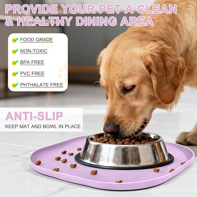 SMILOOL Waterproof Silicone Pet Food Mat with Raised Edge for Dog & Cat | 12" x 12" Non-Slip Small Pet Feeding Mats with Lip for Food & Water Bowl, Food Grade, Easy Cleaning, Lavender