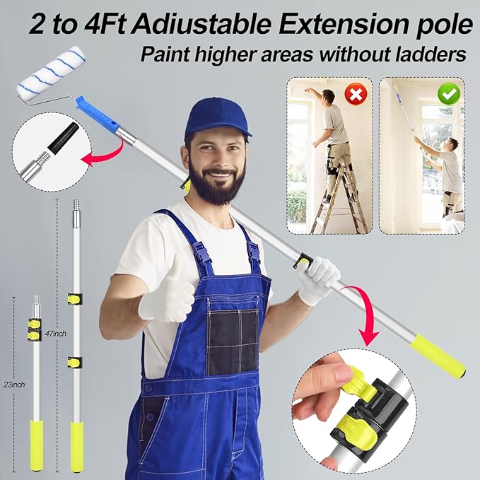 31 PCS Paint Roller Kit with Extension Pole 2 to 4 Ft,9"4"Paint Rollers Covers Frame Tray Painters Tape Professional Long Handle Paint Brush Roller Set for Painting Walls House Corner Stain Concrete