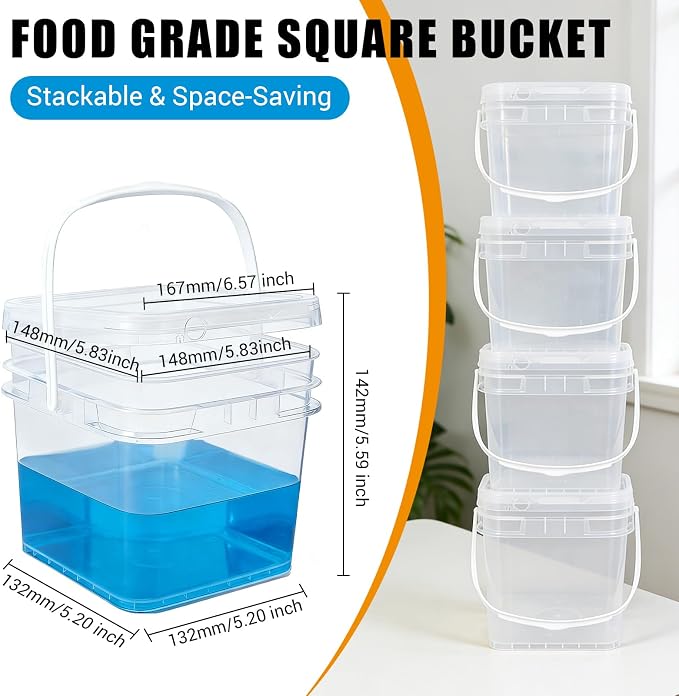 Bucket with Lid - 4 Packs Square Clear Plastic Storage Containers, Food Safe with Handle, Airtight Pressure Lids for Kitchen & Home(Clear, 68 oz)