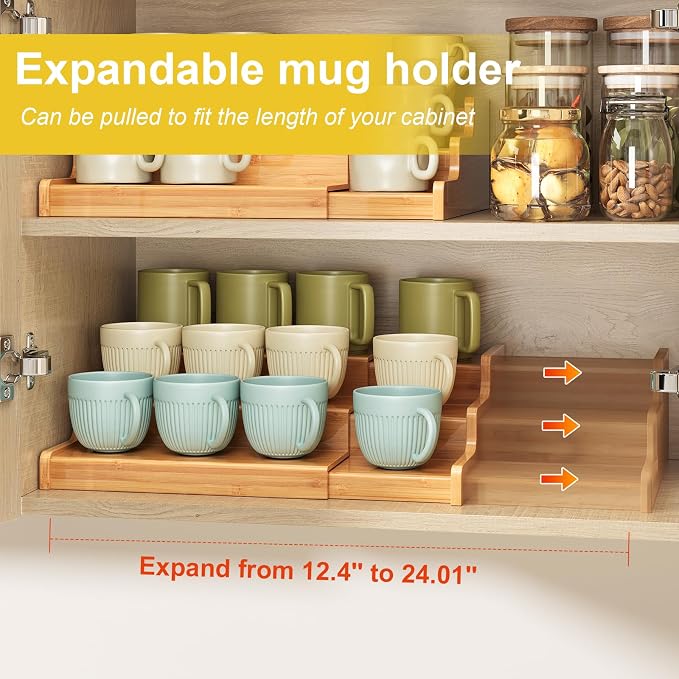 Hongtamoya 3-Tier Expandable Bamboo Mug Holder For Countertop Coffee Cup Holder Display Mug Organizer Mug Rack for Coffee Bar Organizer Mug Shelf for Cabinet for Kitchen, Home