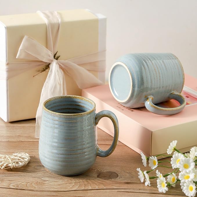 HASENSE Coffee Cups Ceramic, 12 Oz Reactive Glaze Coffee Mugs Set of 4, Large Tea Cup with Handle for Women and Men Gift, Dishwasher & Microwave Safe, Light Blue