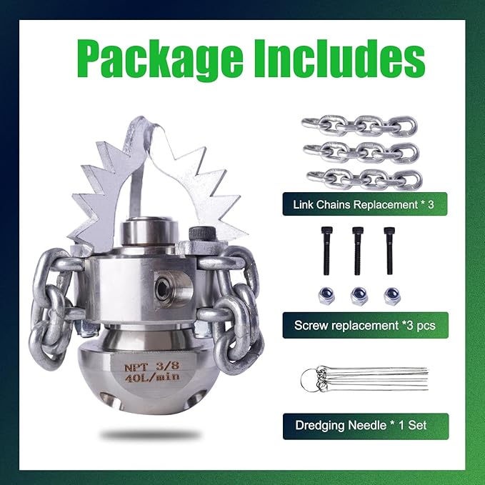 3/8 NPT Sewer Jetter Rotating Nozzle - Cutting Roots, for 2900 psi, 40L/Min (10.57GPM) Pressure Washers, Stainless Steel Drain Cleaning Tool, for Household sewers, Commercial Pipelines