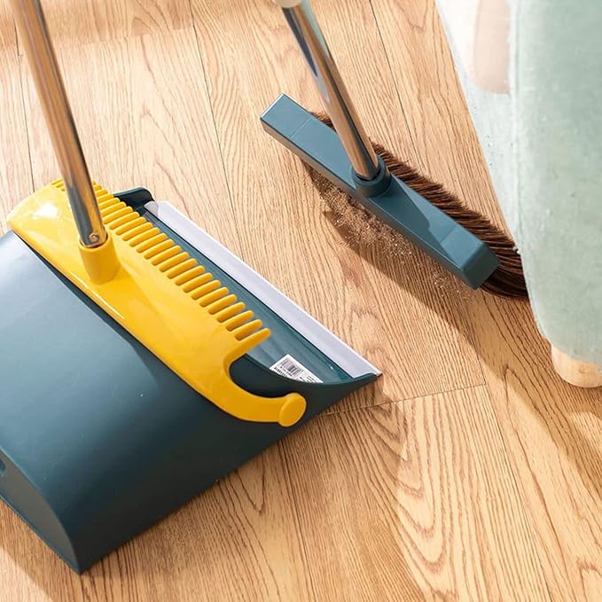 Broom and Dustpan Set - Upright Standing Dust Pan and Broom Combo for Easy Sweeping - Easy Assembly Great Use for Home Kitchen Room Office Lobby,Blue