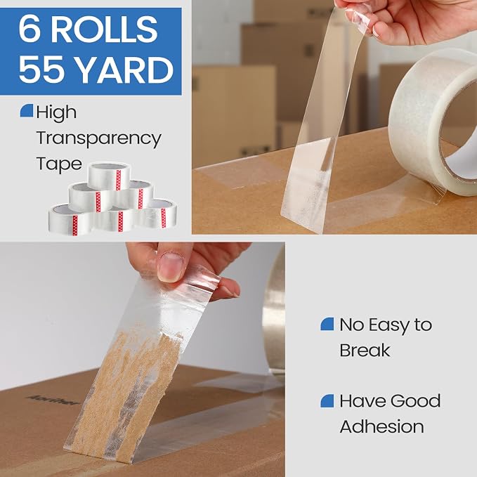 Dunzoom 6 Pack Heavy Duty Packing Tape Dispenser Gun with 6 Rolls 2 Inch 2.7 Mil Thick Handheld Tape Gun for Moving, Shipping, Sealing Boxes and Packaging