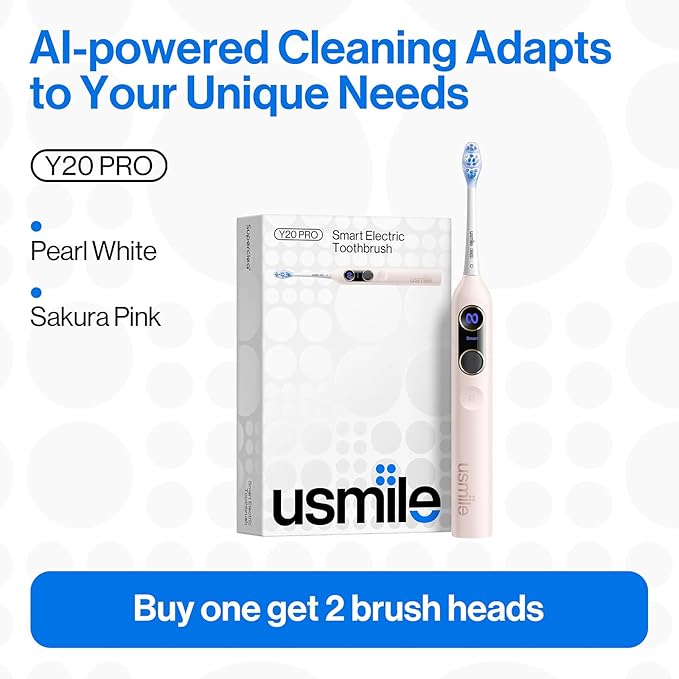 usmile Y20PRO Electric Toothbrush, AI-Powered Smart Toothbrush with AM/PM Auto Mode, 4 Brushing Modes, 90-Day Battery, App Control, Real-Time 3D Map, 2 Brush Heads Included(Sakura Pink)