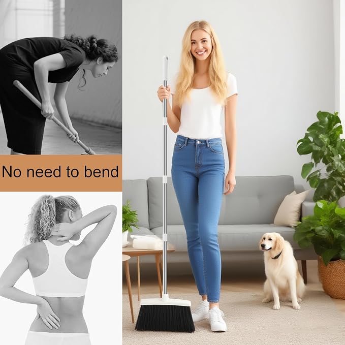 BSKLIN Broom and Dustpan Set for Home, 52" Long Handle Standing Broom Set with Dustpan Self-Cleaning Teeth for Hair Removal Heavy Duty Indoor Outdoor Sweeping Kit for Kitchen Garage (White)