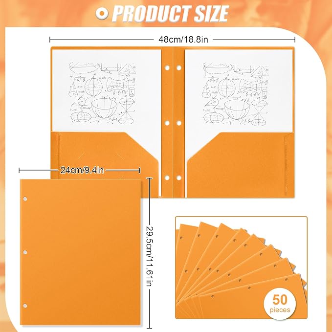 Yeaqee 50 Pcs Plastic Folders with Pockets Bulk 3 Hole Punched 2 Pocket File Folders for 3 Ring Binder Divider Folder for Notebooks, Durable Poly for Office Home (Orange)