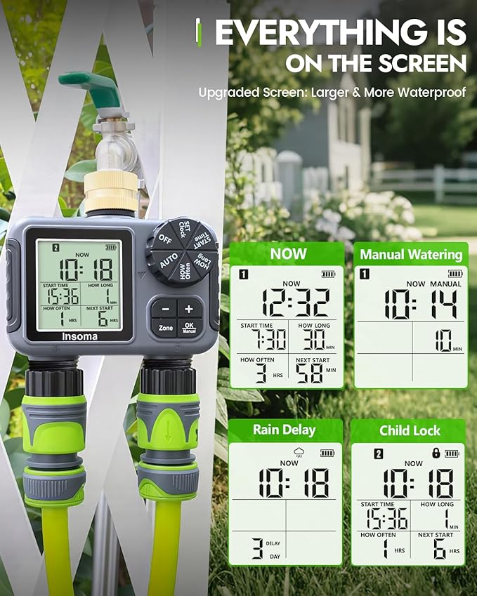 Insoma 2-Zone Sprinkler Timer with Brass Inlet, Water Hose Timer with Auto/Manual Modes + Rain Delay, Big LCD Display, for Garden, Yard Lawn, IPX5 Waterproof & Save Water