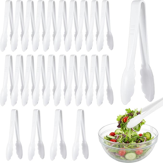 Tessco for you 25 Pcs Plastic Tongs for Serving Bulk, 9 Inch Plastic Disposable Serving Tongs, Heavy Duty Salad Tong for Kitchen, Buffet, BBQ, Events & Catering (White)
