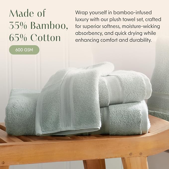Springtree Home Luxury Bamboo Rayon Bath Towel Set | 6-Piece | Eucalyptus | 35% Bamboo Rayon - 65% Zero Twist Cotton | Absorbent Quick-Dry Towels for Bathroom | Ultra Soft | OEKO-TEX Standard 100