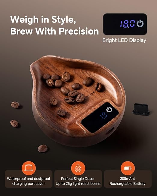 Walnut Coffee Bean Scale & Spoon - Easy Measuring/Dosing Scale Cup with LED Display for Kitchen Weighing, Espresso, Tea, Coffee Lover Gifts