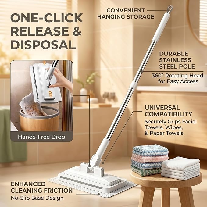 Snap Grip Flat Mop for Floor Cleaning, Wet Dry Wall Sweeper, 360° Swivel Head, Reusable Cloth Locking Design, Extendable Long Handle for Hardwood, Laminate, Walls (3 Mops+6 Packs Cleaning Cloth)