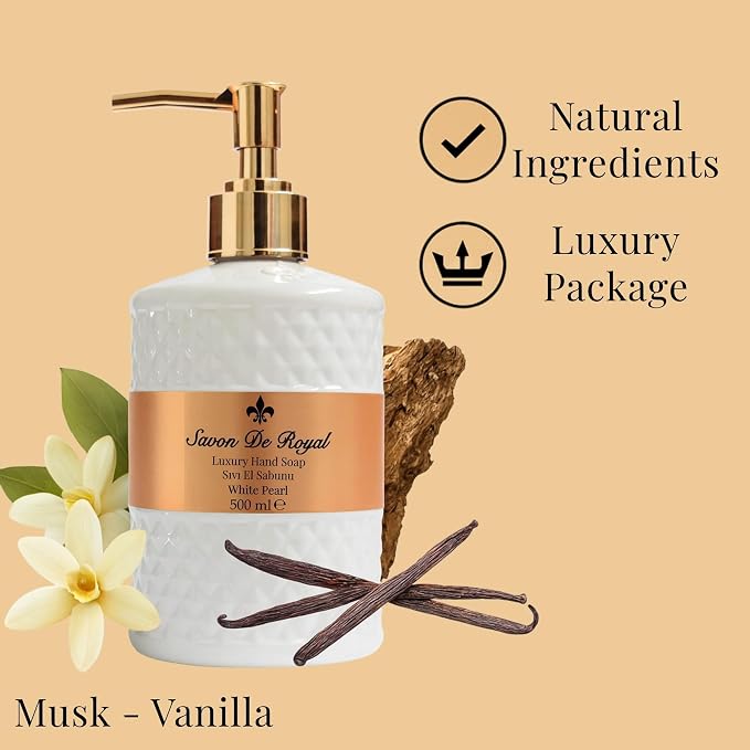 Savon De Royal Luxury Liquid Hand Soap, Musk - Vanilla Scent, Moisturizing Vegan Kitchen & Bathroom Soap for Hand Wash, Gentle & Nourishing Formula, Refillable Bottle 16.9 Fl Oz, White Pearl