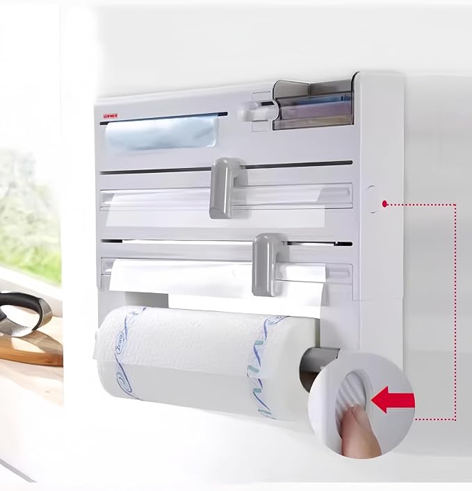 6-in-1 Wall Mounted Plastic Wrap&Foil Dispenser with Cutter–PP Kitchen Organizer w/Paper Towel, Tape, Bag&Small Tray, No Drill/Screw Mount White-Aluminum Foil Rack Organizer&Organizer Foil Cling Wrap