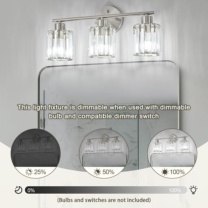 Crystal Bathroom Light Fixtures, Bathroom Lighting Fixtures Over Mirror, Modern 3-Light Brushed Nickel Vanity Lights for Mirror, Restroom, Kitchen(Ceramic E26 Socket,Bulbs Not Include)