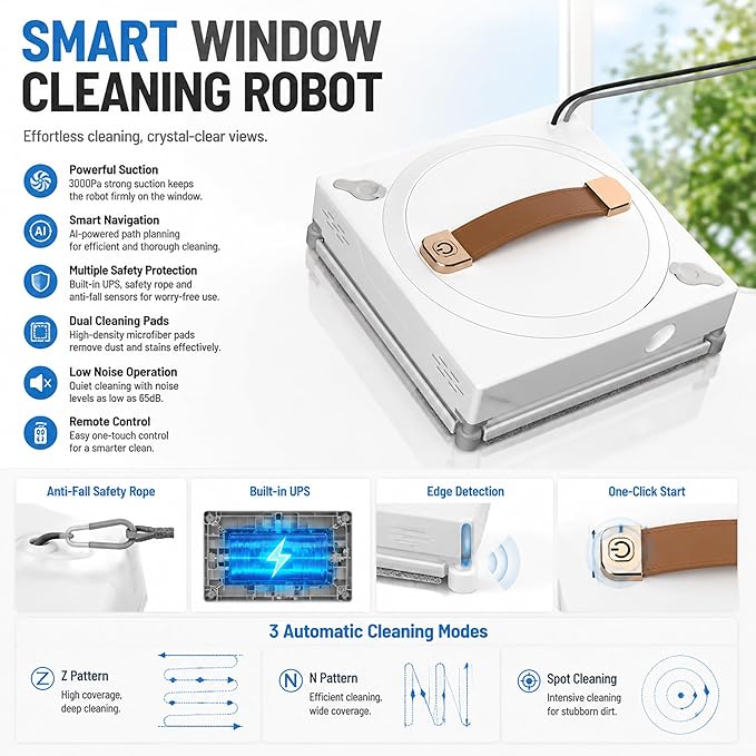 Lcoco&Dream Window Cleaning Robot 3000Pa Suction, Automatic Glass Cleaner with Dual Water Spray and with Automatic Anti Fall Protection Smart Cleaning Paths for Windows Tiles Marble and Wood