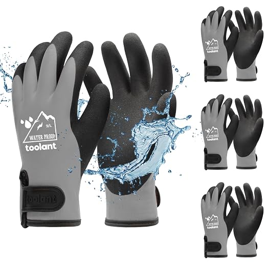 toolant 100% Waterproof Winter Work Gloves, Thermal Insulation with Grip | Touchscreen, Freezer Work for Men and Women, Cold Weather Work & Outdoor Tasks, 3 Pairs, Grey, Lagre