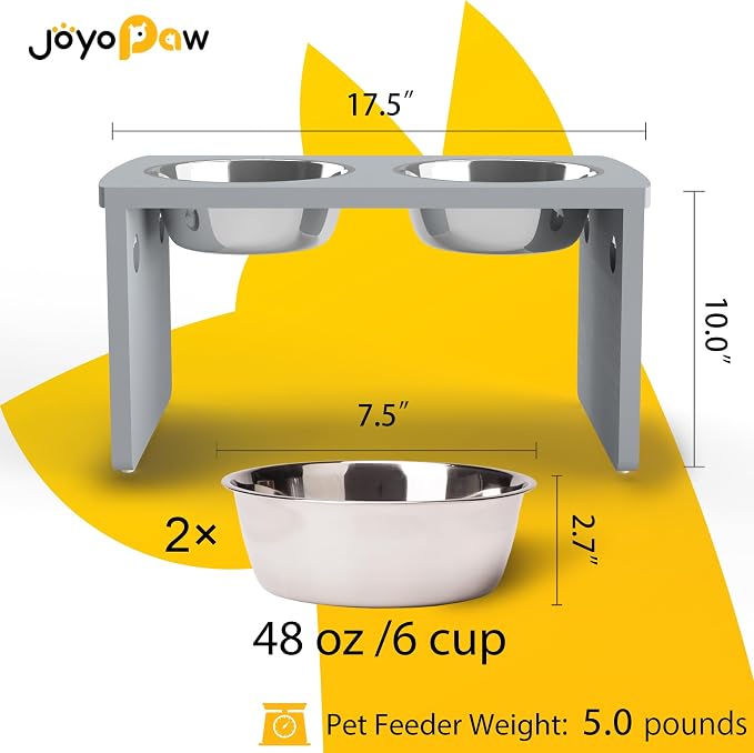 Elevated Dog Bowls, Bamboo Raised Dog Bowl for Large Dogs & Medium Dogs, with 2 Stainless Steel Bowls (10'' Tall–48 oz Bowl, Grey)