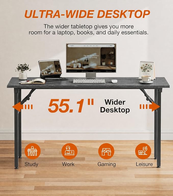 XBurmo Folding Desk Foldable Table, No Assembly 55.1" Foldable Desk Space-Saving Workstation for Small Space, Computer Table, Flat Storage for Home Office, Bedroom, Dorm, Study Room, Marble Greige