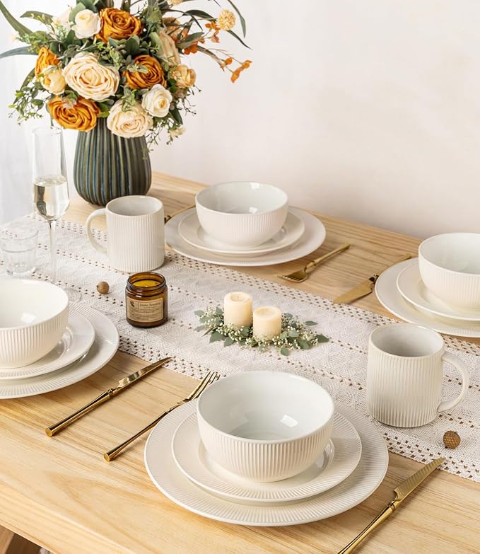 TheTerra Ceramic Dinnerware Sets for 6, 18 Pieces Porcelain Lightweight Plates and Bowls Sets, Scratch Resistant Dish Set, Oven, Microwave & Dishwasher Safe, Cream White