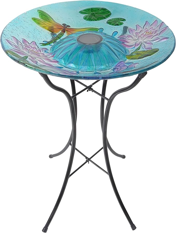 Teamson Home Handpainted Dragonfly Fusion Glass Solar Birdbath Bowl Feeder with LED Light for Outdoor Patio Garden Backyard Decking Decor, 21 Inch Height, Light Blue