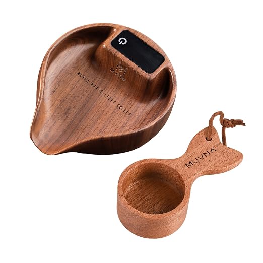 Walnut Coffee Bean Scale & Spoon - Easy Measuring/Dosing Scale Cup with LED Display for Kitchen Weighing, Espresso, Tea, Coffee Lover Gifts