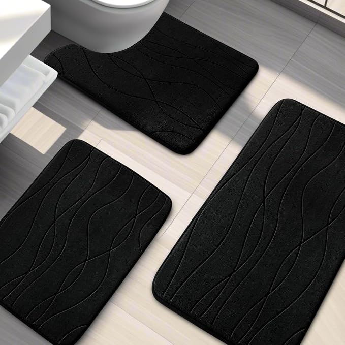 YIHOUSE Bathroom Rugs Set 3 Piece, Memory Foam Bath Mat Black | Ultra Soft, Absorbent, Non-Slip, Machine Washable, for Bathroom, Sink and Toilet