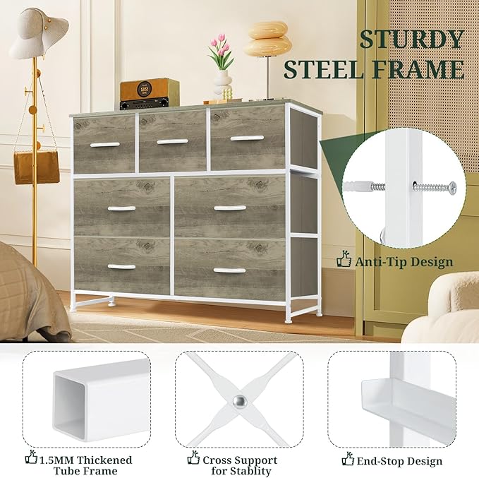 7-Drawer Dresser for Bedroom, Anti-Tip Wide Storage Organizer Fabric Chest of Drawers TV Stand for 45" TV with Wooden Top and Metal Frame for Closet, Living Room, Hallway, Entryway, Greige Oak