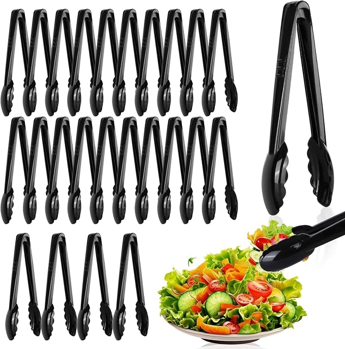 Mwellewm 24 Pc Plastic Tongs for Serving 9 Inch Bulk Reusable or Disposable Tongs Heavy Duty Hard Serving Utensils Set Large Salad Tong for Kitchen Party Food Buffet Appetizer BBQ Event Catering Black