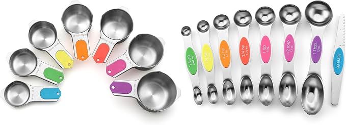 Spring Chef Stainless Steel Magnetic Measuring Cups, Set of 7 & Heavy Duty Magnetic Teaspoon & Tablespoon Measuring Spoons, Set of 8 with Leveler - 2 Product Bundle - Neon