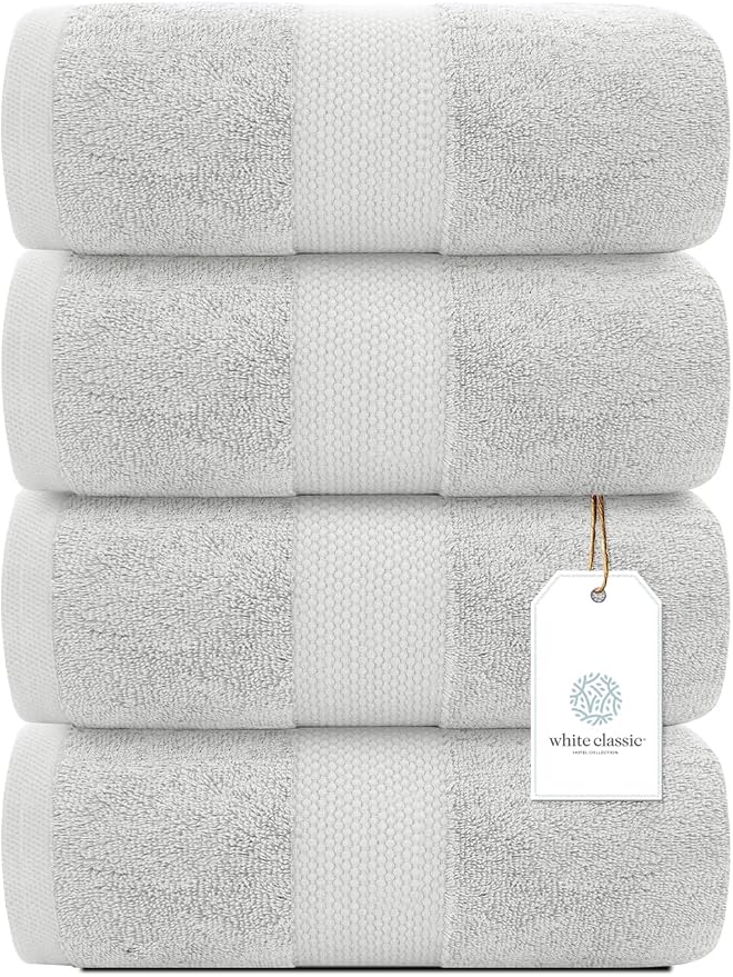 White Classic Luxury Bath Towels Set of 4 Large - 700 GSM Cotton Ultra Soft Bath Towels 27x54 | Highly Absorbent and Quick Dry | Hotel Towels for Bathroom Luxury, Plush Shower Towels, Silver