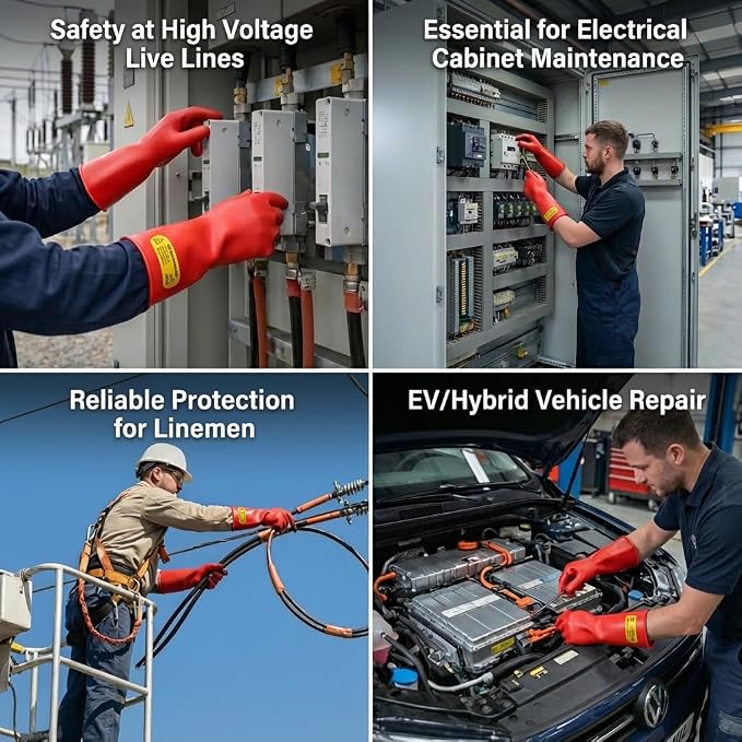 Class 2 High Voltage Electrical Insulated Gloves, 20KV Tested (Max Use 10KV) - Heavy Duty Rubber Electrician Gloves for EV Hybrid Car Repair, Lineman Work & Industrial Maintenance - Red Latex