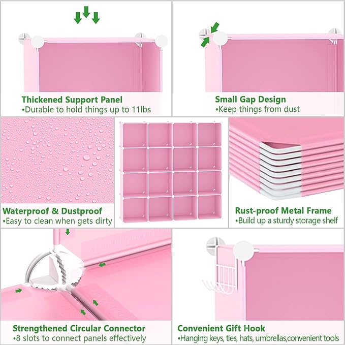 C&AHOME 16 Cube Storage Organizer Cube Shelves Units Storage Cubes, Pink | Plastic DIY Closet Organizer, Stackble Modular Closet Storage Shelves Ideal for Home, Bedroom, 48.4" L × 12.4" W × 48.4" H
