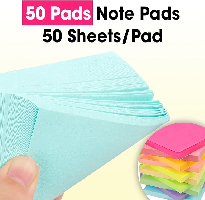 50 Pads Sticky Notes 3x3, Self-Stick Pads Bulk Bright Colors, School Supplies, Office Products, 50 Sheet/Pad