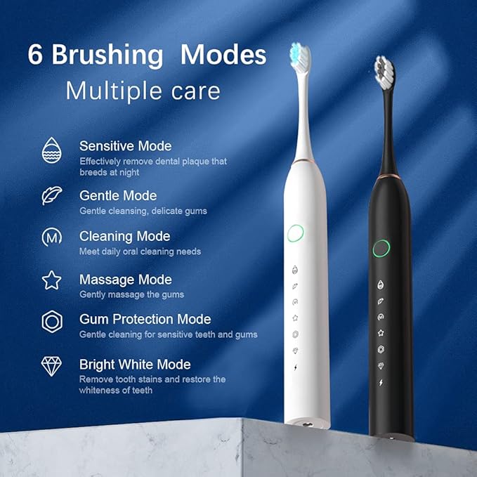 2 Pack Rechargeable Electric Toothbrushes for Adults and Kids, Whitening Tooth Brush with 8 Brush Heads, 6 Cleaning Modes and Smart Timer, Waterproof Cleaning Toothbrushes Set