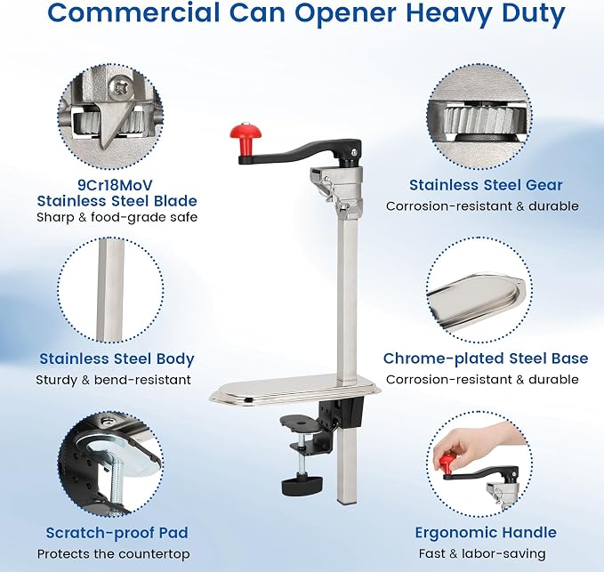 Commercial Can Opener Heavy Duty for Large Cans up to 13", Industrial Tabletop Manual Can Opener with 9Cr18MoV Steel Blade and Plated Steel Base, Dual Mount System for Restaurant Kitchens