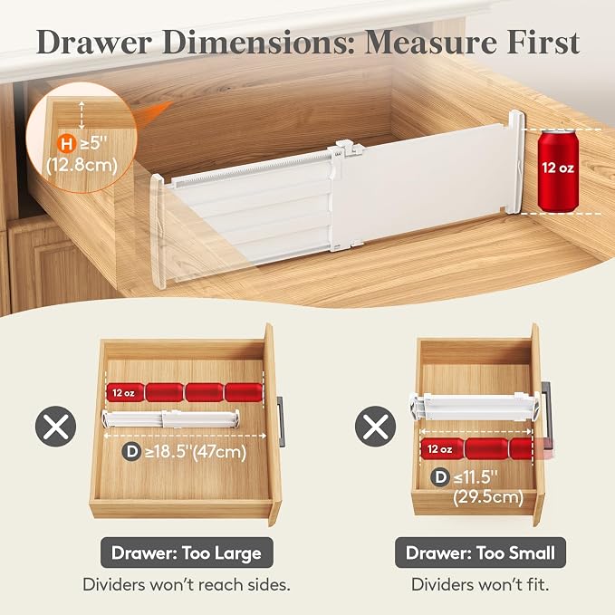 Lifewit 5" High 5 Pack Drawer Dividers, 11.5"-18.5" Adjustable Deep Drawer Organizer Clothes, Expandable White Plastic Separators for Dresser, Kitchen, Cabinet, Nursery, Office Organization & Storage