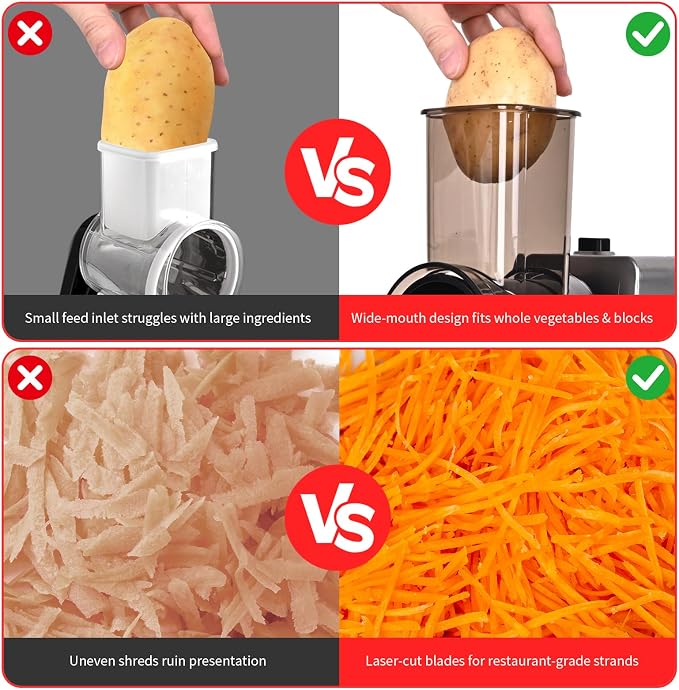Electric Cheese Grater 250W, 7-in-1 Salad Maker & Vegetable Slicer Shredder with Widened Feeding Port for Block Cheese, Carrots, Potatoes & Fruits, Professional Food Grating Machine