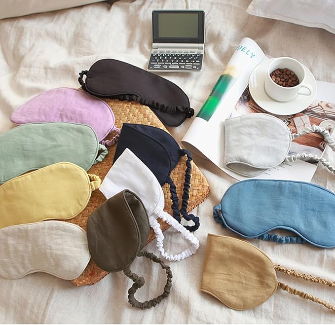 100% Pure Linen Sleep Mask Blackout Eye Mask for Sleeping, Eye Cover with Adjustable Strap - Organic Cotton Core Linen Eyes Mask Breathable for Travel - Gift for Women Men (Bleached Color)